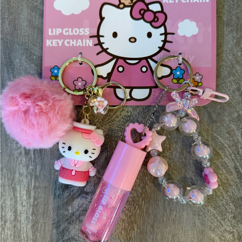 Sanrio Hello Kitty Pink Lip Gloss & Charm Keychain Set